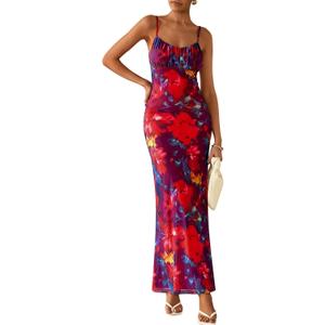 PRETTYGARDEN Women's Floral Bodycon Maxi Dress Summer Beach Sundress Sleeveless Spaghetti Strap Wedding Guest Dress (Red, L)