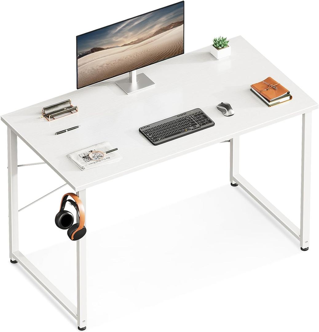 ODK 40 Inches Computer Desk for Home Office, Office Table for Small Spaces, Writing Desk with Headphone Hooks, White