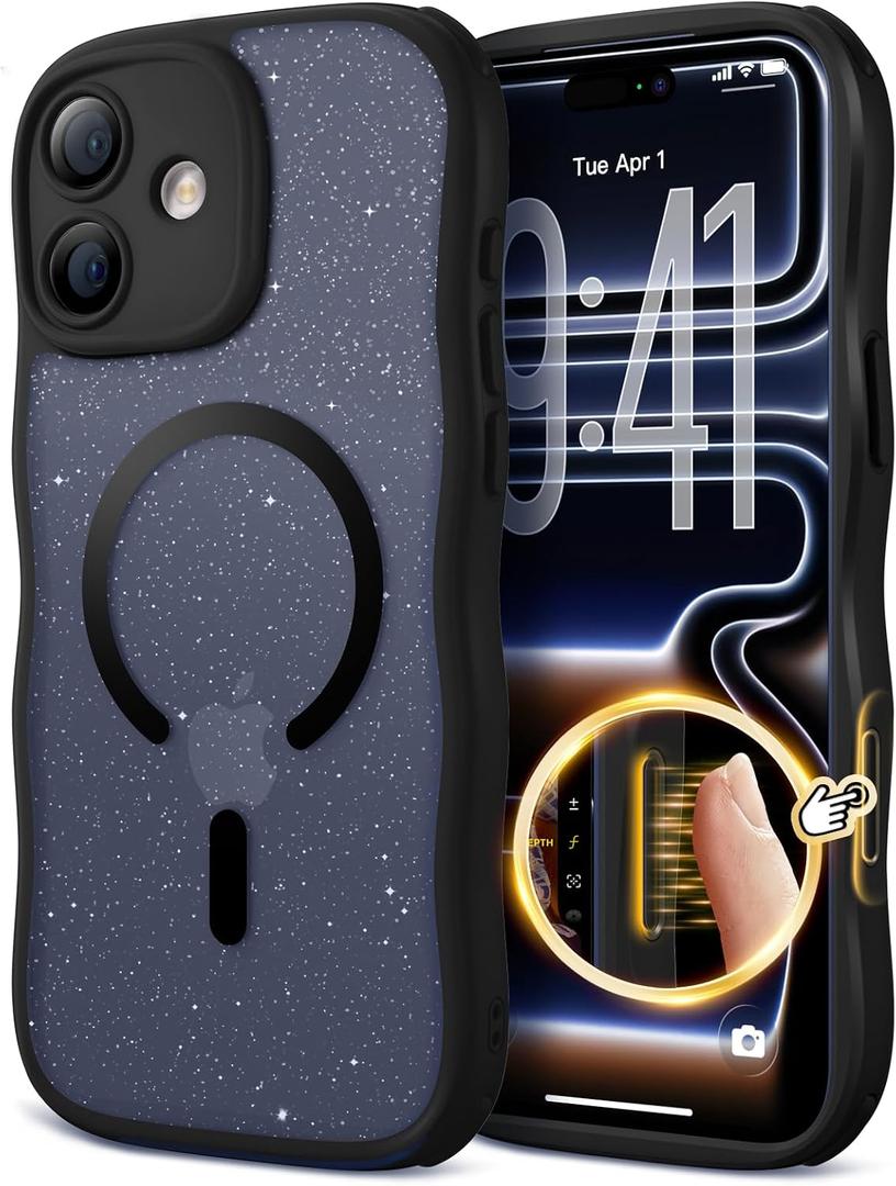 for iPhone 17 Case for Women Girls,Compatible with MagSafe,Camera Control,Full Camera Protection, Cute Wave Magnetic Phone Case for iPhone 17,Black Shimme