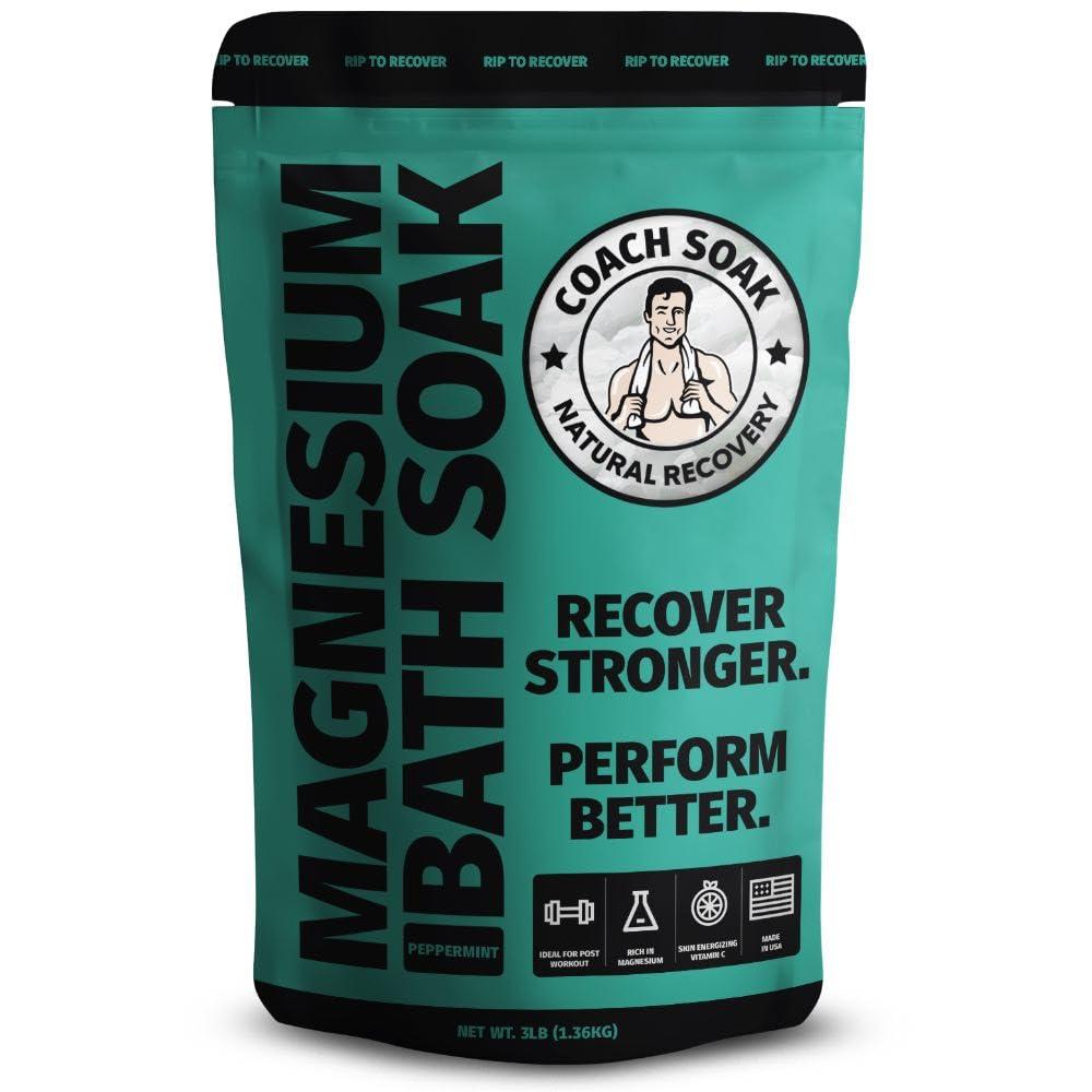 Coach Soak: Recovery Bath Soak - Alternative to Epsom Salt Bath Soak - Fast-Absorbing Magnesium Flakes with 21 Minerals, Bath Salts & Essential Oils - 3lbs (Cooling Peppermint) (48 Ounce (Pack of 1))