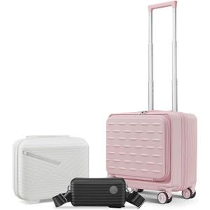TRAVELEO 3 Piece Luggage Set 16 Inch Carry On with Front Opening, Expandable PC Hardshell Suitcase with 14" Cosmetic Case & Handbag, Lightweight Underseat Rolling Luggage with TSA Lock & PVC Cover