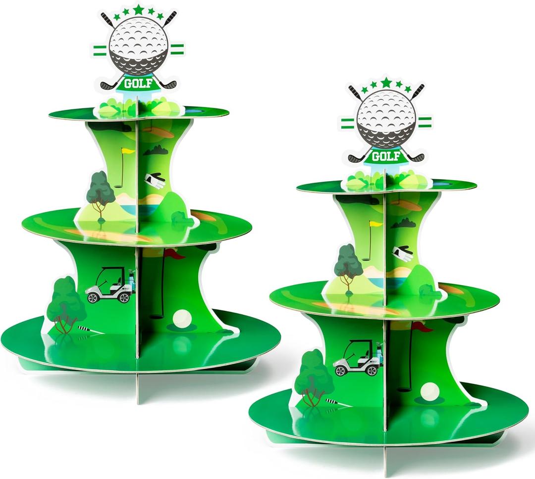 2 Sets Golf Cupcake Stand 3 Tiers Golf Themed Cake Stand Cardboard Dessert Tower Birthday Party Decorations Dessert Cake Table Displays Sport Party Supplies for Sport Themed Birthday Decor (Green)