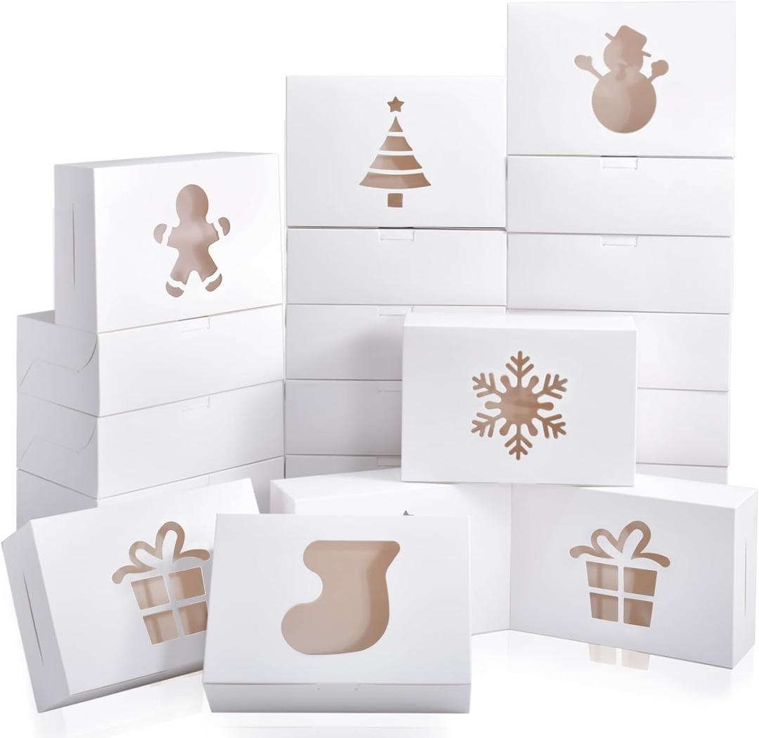 KPOSIYA 36 Pack Christmas Cookie Boxes for Gift Giving, 9x6x3 Inch White Bakery Boxes with Window, Large Holiday Cookie Tins with Lids, Small Xmas Treat Boxes for Pastry Dessert Cupcakes Packaging