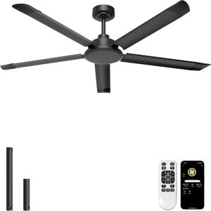 Ohniyou 60'' Ceiling Fan No Light, Black Industrial Ceiling Fan with Remote/APP, Aluminum Blades, 6800 CFM DC Motor for Patios, Living Room, Shop, Garage