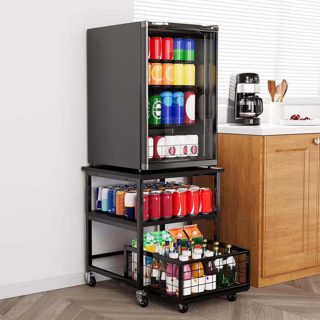 SpaceAid 3 Tier Mini Fridge Stand with Storage and Wheels, Heavy Duty 19.7x19.7in Mobile Refrigerator Shelf Stand Table, Fridge Cart Organizer with Drawer Basket for Home Dorm Office (Black)