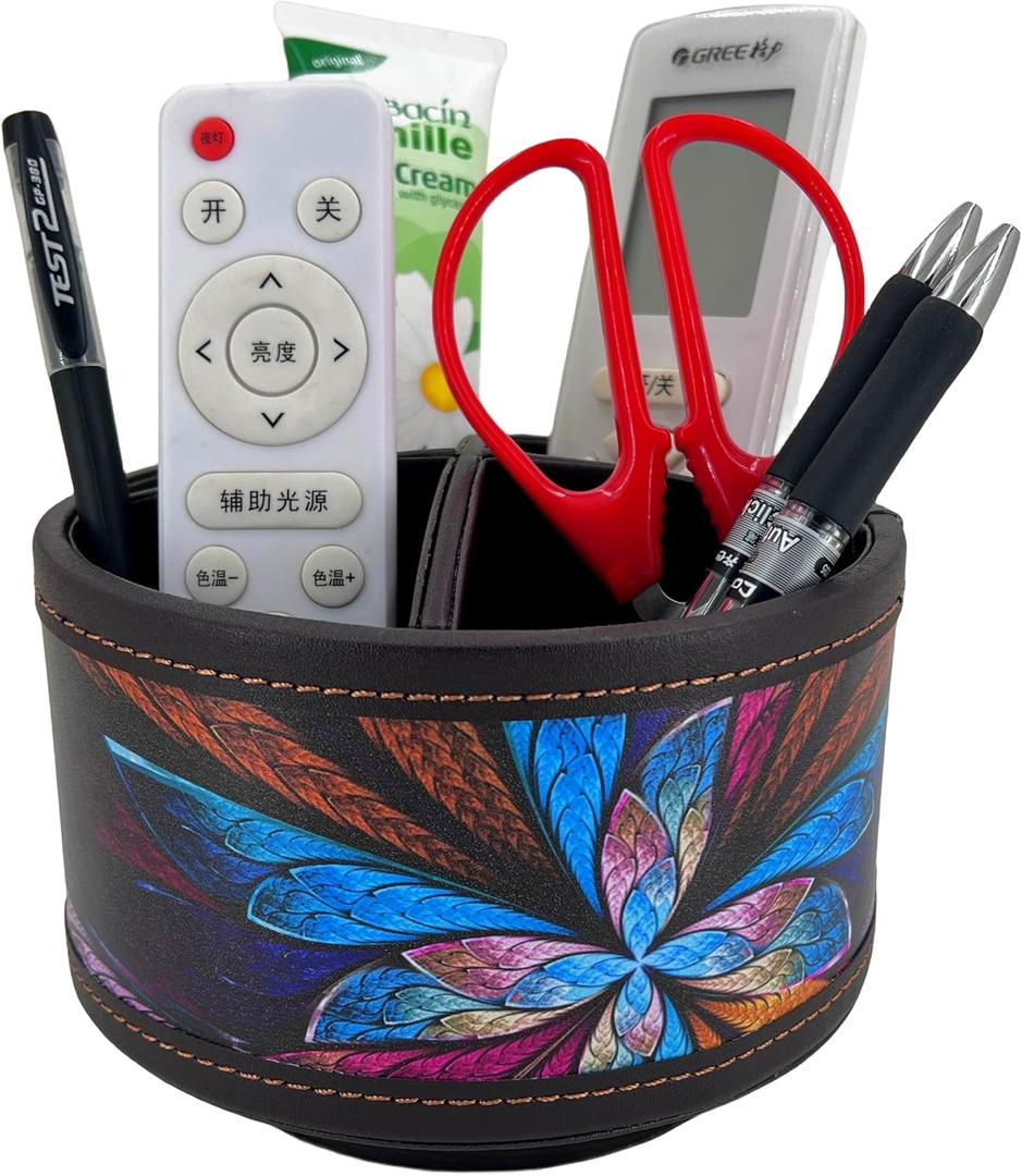 PU Leather Round TV Remote Control Holder for Table,360 Swivel Office Supply Desktop Organizer,4 Compartments Phone/Pen/Pencil Holder,Suitable for Stationery/Heater Controllers Etc