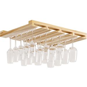 Rustic State Eze 4 Sectional Adjustable Under Cabinet Mount Wood Stemware Rack Hanging Shelf Glassware Holder Bar Organizer with up to 12 Wine Glass Storage 10 Inch Deep Natural