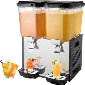 VEVOR Commercial Beverage Dispenser, 2 Tanks 18 L / 19 QT Per Tank Juice Dispenser, 370W Stainless Steel Ice Tea Drink Machine with 45F-54F Cooling Temperature, for Cold Drink Restaurant Bar Party