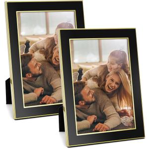 TWING Gold Picture Frame 5x7 Black and Gold Metal Picture Frames with HD Real Glass Wedding Photo Frame Velvet Backing for Tabletop Display, Nice Gift for Family/Friends/Art Work/Record Memorial 2 Pack