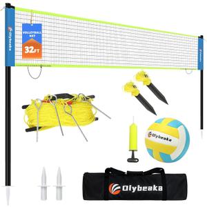 Portable Outdoor Volleyball Net Set for Backyard Beach with Adjustable Poles, Soft PU Volleyball & Pump, Carry Bag and Durable Anti-Sagging Net (32ft, Blue and Green)