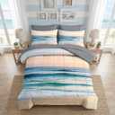 Nesker 7 Pcs Comforter Set Queen Size, Ocean Beach Coastal Bedding Set for Kids and Adults, Abstract Teal Bed Sheet Set with Fitted Sheet 2 Pillowcases & 2 Shams