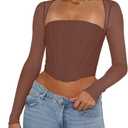 REORIA Women Fall Mesh Long Sleeve Boned Ruched Square Neck Corset Night Out Slim Fitted Sexy Bustier Tops Valentines Day Shirts (Coffee Small)