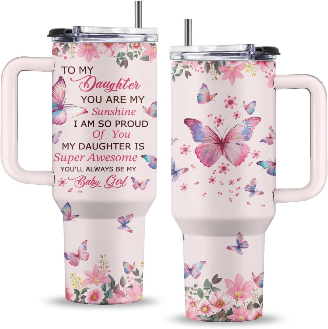 Daughter Birthday Gifts, 40 Oz to My Daughter Cup with Handle & Straw, Gift from Mom, Thanksgiving Christmas Birthday Gift for Daughters Adult, Daughters Tumbler with Butterfly, 1 PCS
