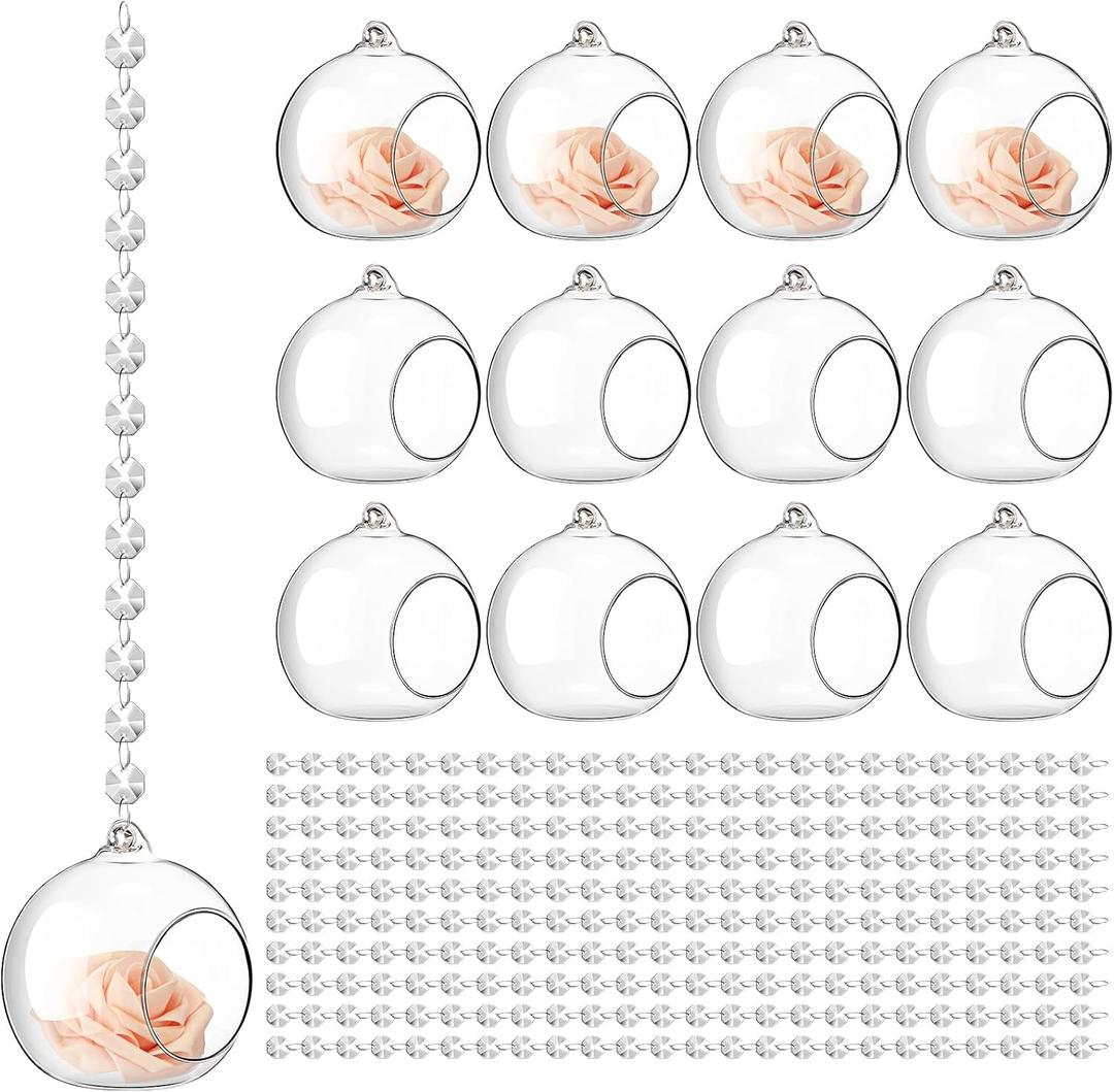 3.15'' Hanging Glass Tealight Holder Globe and Clear K9 Crystal Garland Strands, Hanging Glass Terrarium Containers for Wedding Party Tree Decoration(56 Pcs)