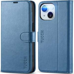 TUCCH Wallet Case for iPhone 15 6.1", Magnetic PU Leather Kickstand Flip Cover with 4 Card Slot Shockproof TPU Interior Shell, [RFID Blocking] Folio Case Compatible with iPhone 15 5G 2023, Light Blue