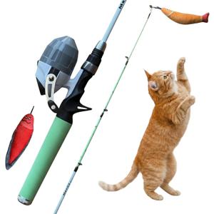 Meowy Cat Wand Toy Cat Fishing Pole Toy with Reel The Cat Fish Fishing Rod, Telescopic Fiberglass Interactive Teaser Wand for Indoor Cats with Catnip Dental Mesh Attachments