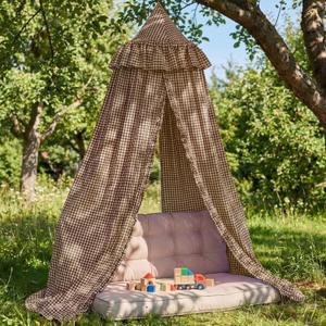 SmoothNovelty Gingham Plaid Bed Canopy with Ruffles Soft Vintage Style Decorative Tent for Reading Nook Play Area or Adult Bedroom Circus Tent Canopy(Brown)