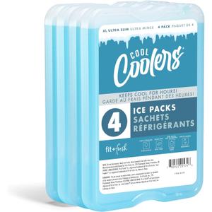 Cool Coolers by Fit + Fresh Slim Compact Reusable XL Ice Pack, Perfect for Lunch Boxes, Coolers, and Beach Bags (Clear Blue 4 PK)