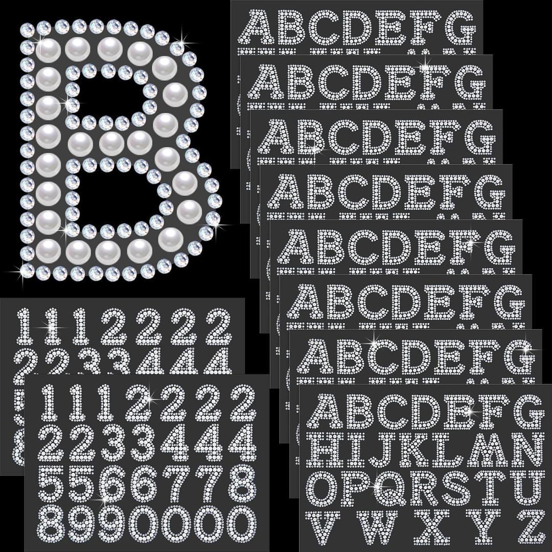 Yuxung 264 Pcs 10 Sheets Graduation Pearl Self Adhesive Stickers 8 A-Z Rhinestone Letter Stickers 2 0-9 Glitter Number Patches Crystal Pearl Patch for Graduation Crafts DIY Decor(White)