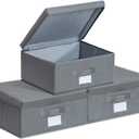 Set of 3 Stackable Storage Bins - Fabric Storage Bins with Lid for DVD Storage, Memory Box, Versatile Closet Storage Bins (Dark Grey, 14.2" L x 12.6" W x 6.3" H)