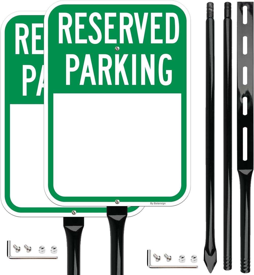 Blank Reserved Parking Signs with 54 Inch Heavy Duty Metal Stake, 14x10 Inch Reflective Aluminum, 2Pack with Hardware