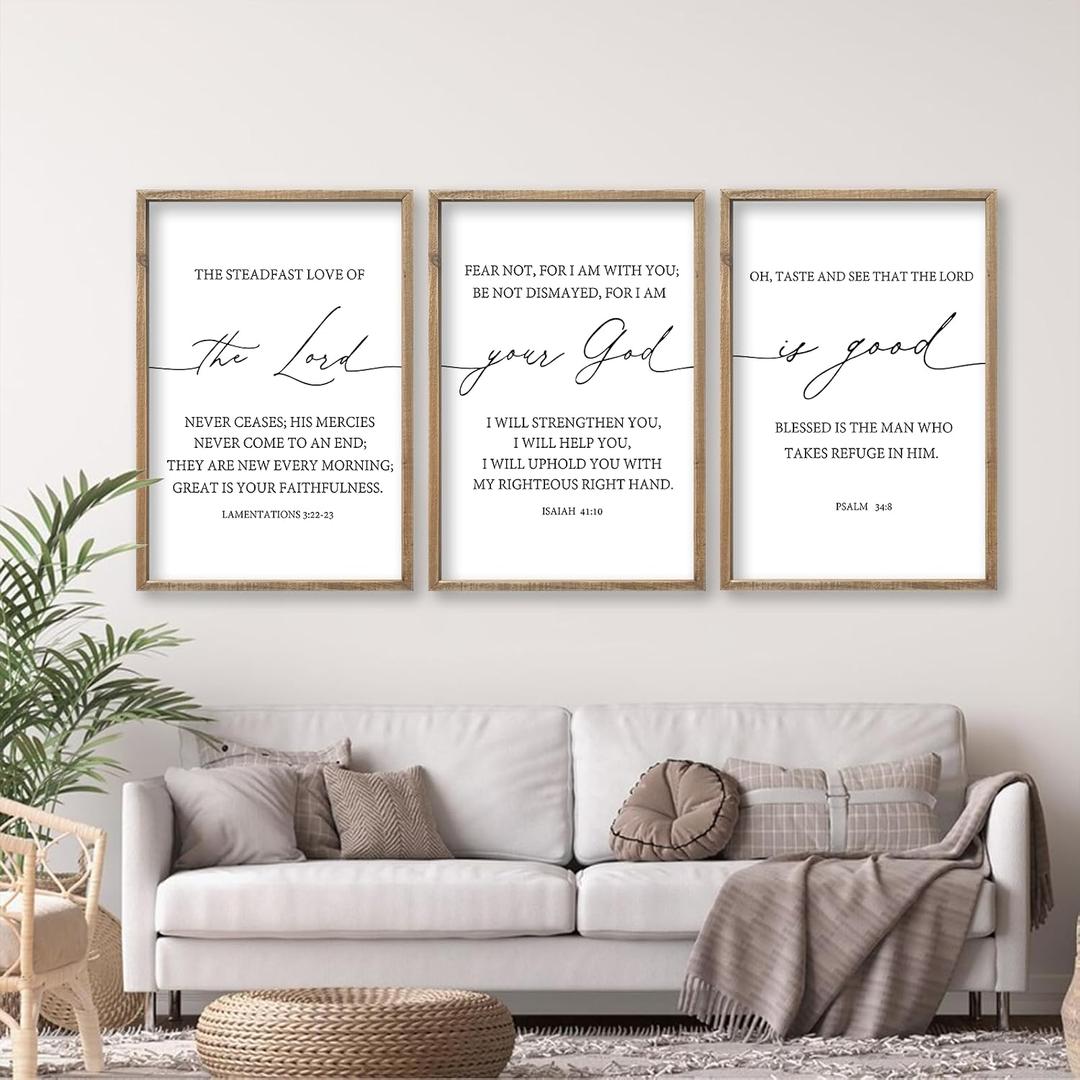 The Lord Your God Is Good Bible Verses Wall Art Decor Set of 3 24"x16" Bedroom Above Bed Inspirational Christian Scripture Wood Framed Sign Rustic Home Living Room Office Wall Hang (Wood)