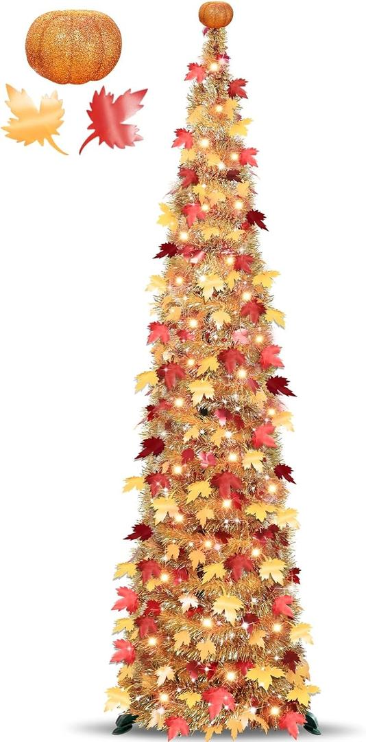 Timer & Pumpkin - 5 Ft Lighted Fall Tree Thanksgiving Fall Decorations for home, Pop Up Tinsel Maple Tree with 50 LED Orange Warm Lights Battery Operated Collapsible Thanksgiving Tree Porch Home Party