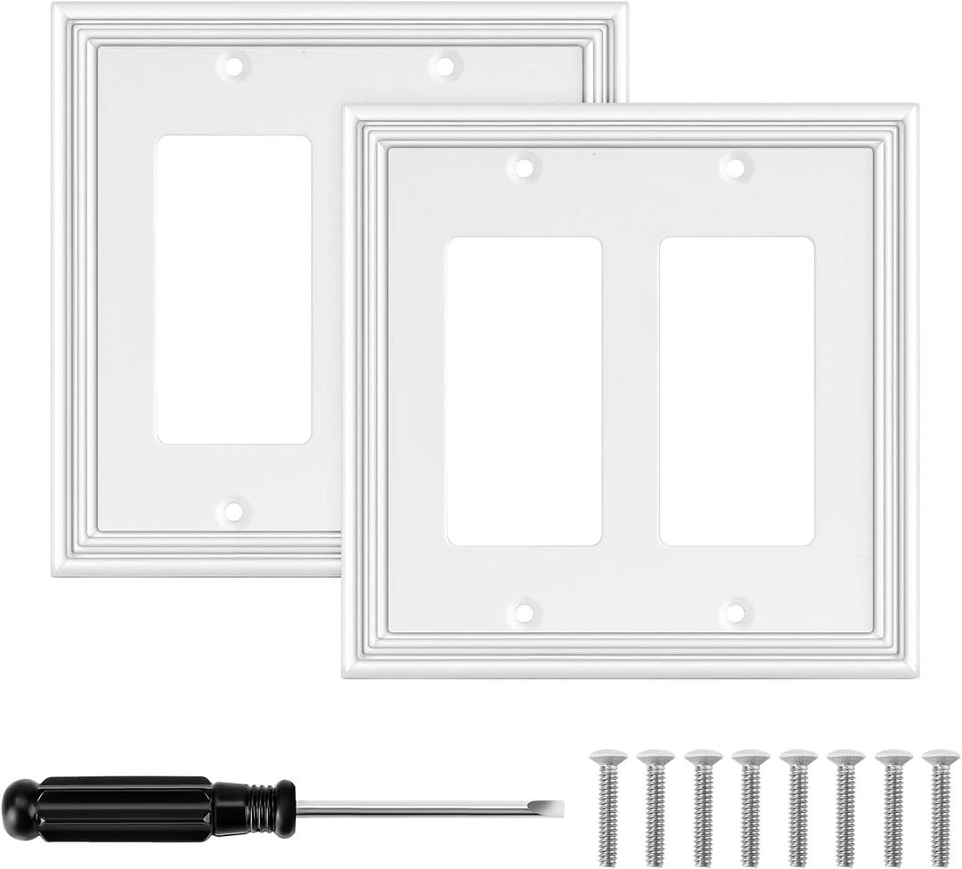 White Modern Decorative Wall Plate Light Switch Cover Decorator Outlet Covers Rocker Switch Plates Bamboo Fiber Material Wall Plates for Kitchen Bathroom (2 Gang Double Decorator-2 Pack)