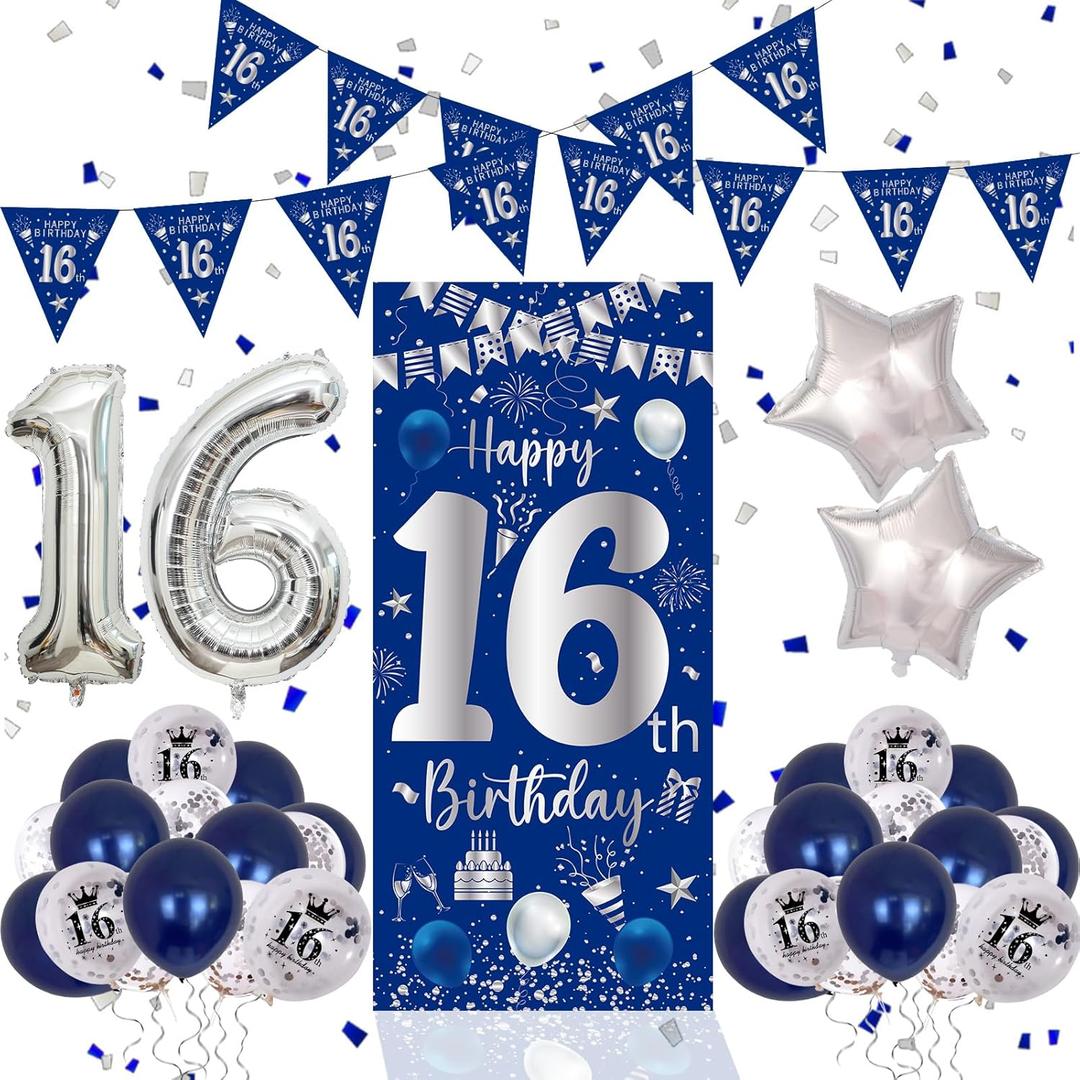 16th Birthday Decorations for Boys Girls, Blue Silver Happy 16th Birthday Decorations Door Banner 32" Number 16 Foil Balloon 33PCS Balloons Triangle Flag Sweet 16 Year Old Birthday Party Sign Supplies