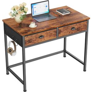 Furologee Small Computer Desk with 2 Fabric Drawers for Bedroom,34 Inch Home Office Writing Desk, Vanity Desk with Hooks, Simple Study Desk for Small Spaces, Makeup Dressing Table, Rustic Brown
