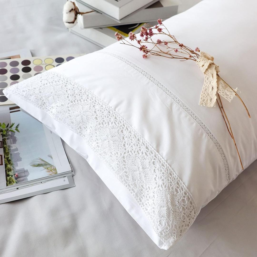 100% Cotton Lace Pillow Cases King Size Set of 2 - White Good Feeling Pillowcases 2 Pack with Envelope Closure, Elegant Lace,Softer and Breathable Pillow Case (20 x 36)