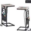 C-Shaped End Tables Set of 2, Small Couch Side Table with Fast-Charging Station, Sofa TV Tray Table with Storage Bag for Living Room, Bedroom, Bedside ET-GY-W2 (Greige + Wider)