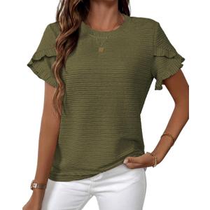 Spring Summer Women's Casual Tops, Cute Ruffle Short & Long Sleeve Crew Neck Blouses, Soft Textured Relaxed Fit Shirts (Green, XXL)