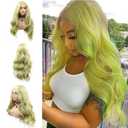 Superior Yellow Green Lace Front Wigs for Women Long Wavy Hair Tender Matcha Green Synthetic Lace Front Wigs Drag Queen Spring Wig Realistic Glueless Heat Resistant Fiber Hair Cosplay 24Inch