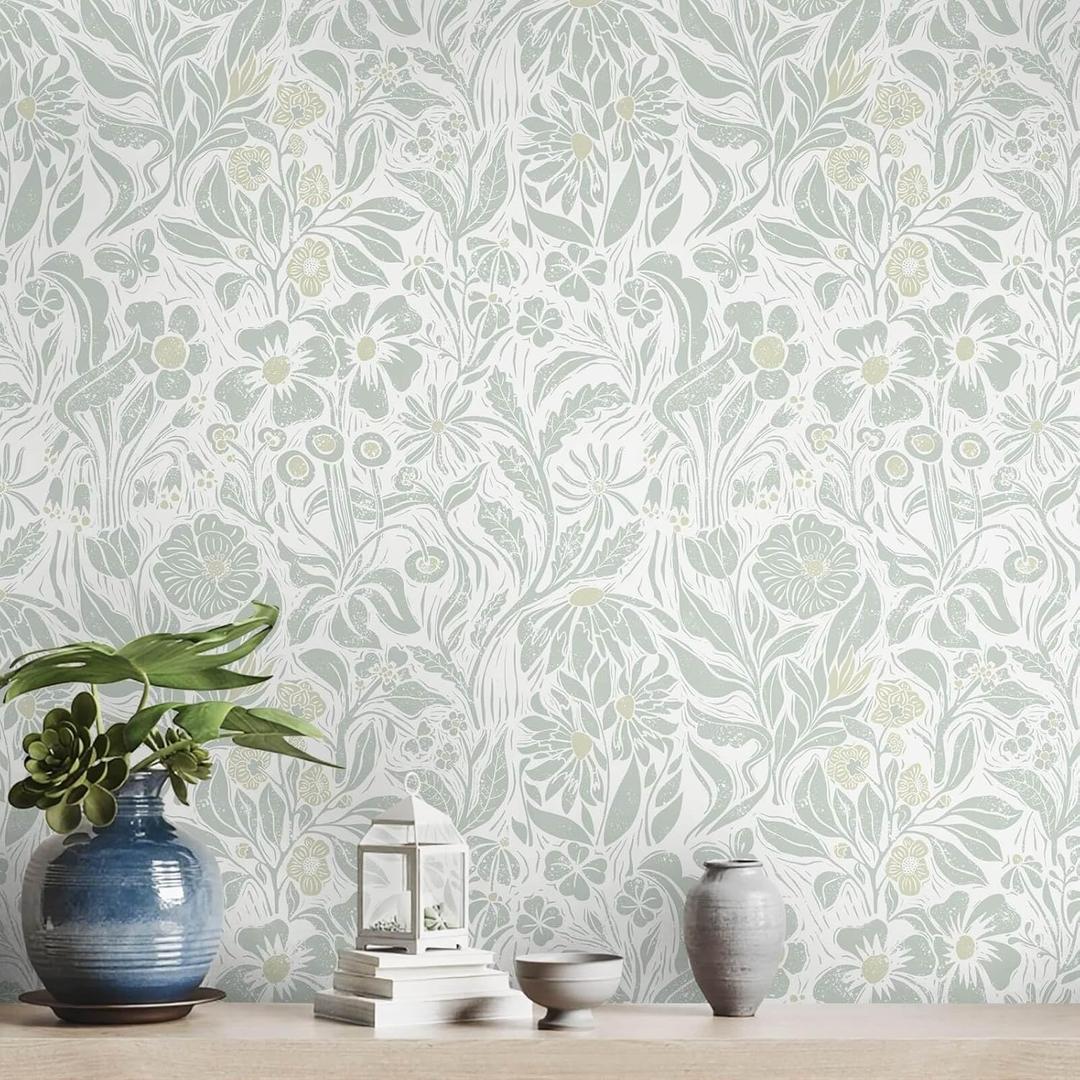 Heroad Floral Contact Paper Green Peel and Stick Wallpaper Botanical Self Adhesive Removable Stick on Wall Paper for Cabinets Drawers Waterproof Bathroom Pantry Wall Decor Vinyl Roll 17.3''x78.7''