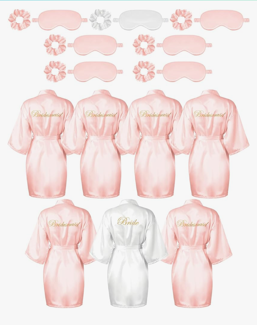 Jecery 6Pcs Bridesmaid Robe Sets Bride Silk Satin Bridal Party with Sleeping Eye Mask and Elastic Headband, Size XXL