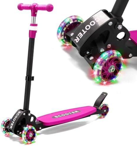 Kick Scooters for Kids 3-12, 3-Wheel Kick Scooter with LED Light-Up Wheels, Adjustable Handlebar 28"-32", Heavy Duty Up to 130 lbs, Durable Stable Wide Deck Scooter for Boys & Girls