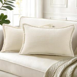 decorUhome Spring Corduroy Cream White Throw Pillow Covers 12x20 Set of 2 Decorative Soft Boho Farmhouse Lumbar Couch Pillow Covers for Living Room Bed Sofa Broadside Striped Pillow Cases