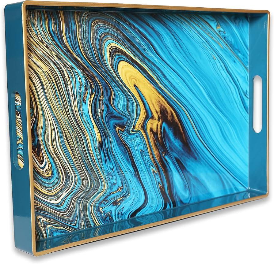 Spsyrine Serving Tray, Marble Decorative Tray Plastic Rectangular Coffee Table Tray for Living Room, Storage, Kitchen, Ottoman, Bathroom Decor. 15.6” X 10.2"