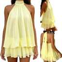 Womens Trendy Halter Mini Dress Chiffon Ruffle Low Back Flowy Going Out Dress for Summer Cocktail Birthday Party (Yellow, S)