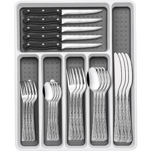 49-Piece Silverware Set with Organizer, Food-Grade Stainless Steel Flatware for 8, Cutlery Utensil Sets with Steak Knives, Rust-proof, Mirror Polished, Dishwasher Safe, Silver Tree Pattern