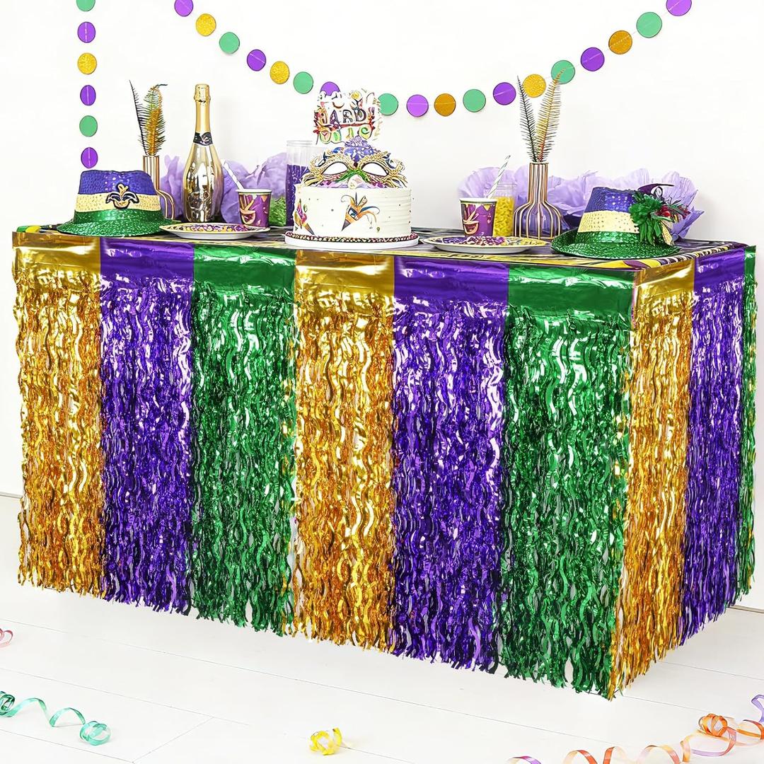 3 x CCINEE 4 Packs Mardi Gras Fringe Table Skirt Party Decorations, 36ft Purple Green Gold Wavy Metallic Tinsel Foil Carnival Table Skirts For Mardi Gras Carnival Holiday Masquerade Party
