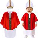Maiteenly 3 Pcs Halloween Pint Sized Pope Costume Infant Small Bishop Outfit Set White Robe Red Papal Poncho Hat (Large)