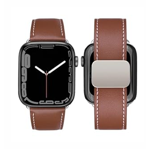 MroTech Magnet Leather Band Compatible with Apple Watch Band 49mm 45mm 44mm 42mm, Genuine Leather with Magnetic Buckle Strap Compatible with Apple Watch Ultra Series 9/ 8/ 7/ 6/ 5/ 4/ 3/ 2/ 1/ SE, Soft Brown