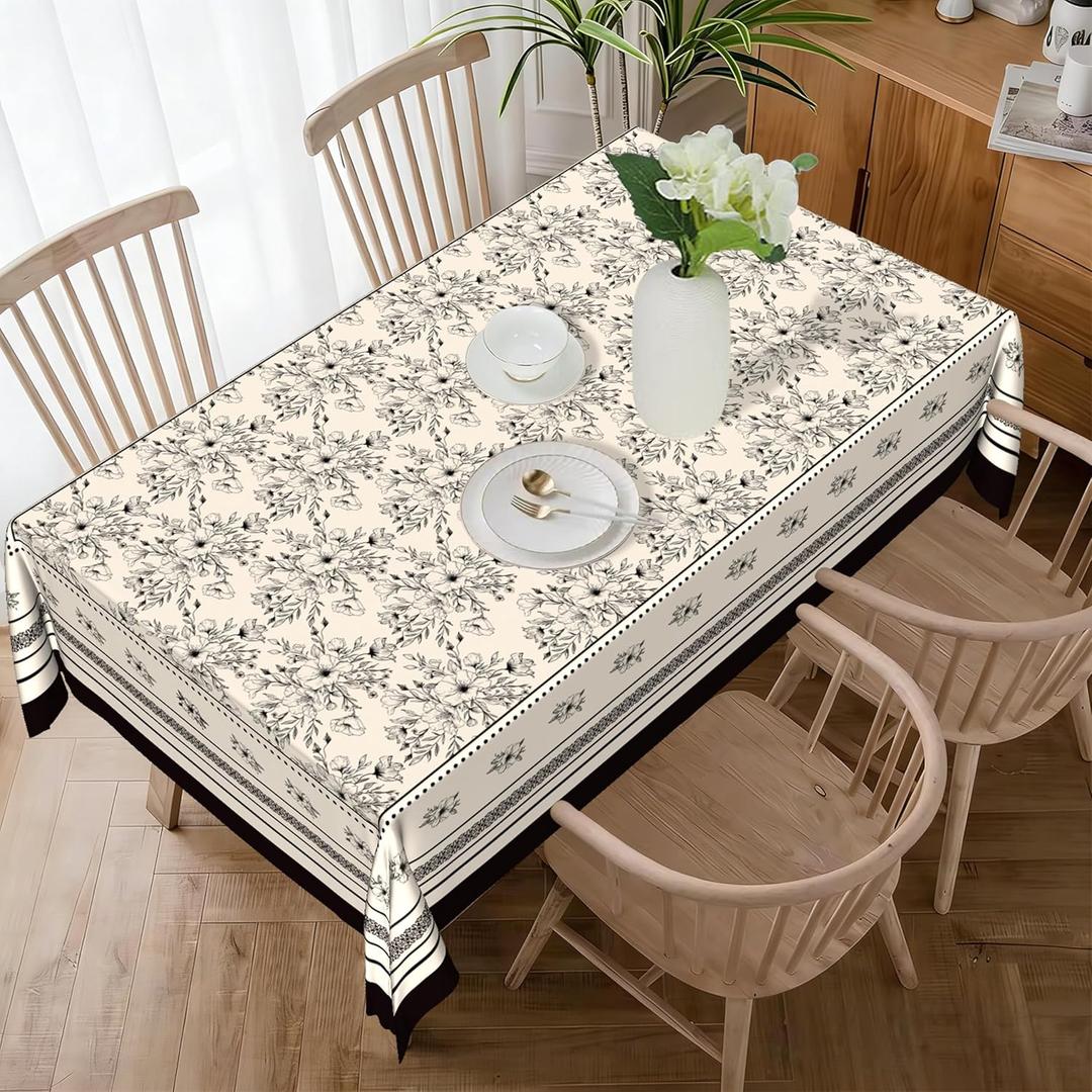 Vintage Black White Floral Print Tablecloth 60x84 Inch Flower Table Cover Rectangular Reusable Washable Tablecloths for Dining Decor Party Picnic Indoor Outdoor