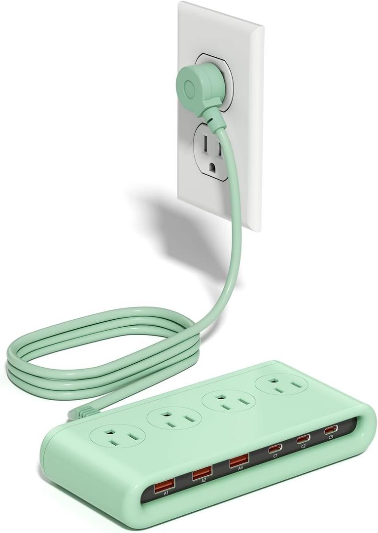 Power Strip with USB Port - 4AC & 6 USB(3USB C), Outlet Extender 5FT | Flat Plug Extension Cord with Multiple Outlets, PD20W Bedside Charging Station for Multiple Devices - Travel Home Office (Green)