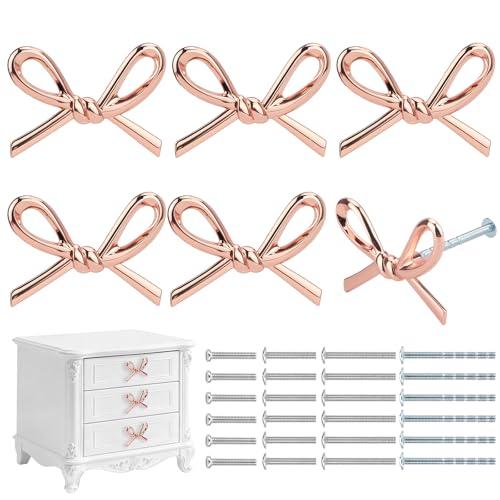 Foyofly 6 Pack Bow Dresser Knobs Cute Drawer Knobs Zinc Alloy Brushed Hardware Handles Pulls Vintage Cupboard Drawer Knob for Kitchen Cabinets Home Bedroom (A-Rose Gold)