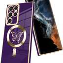 Fiyart Designed for Samsung S22 Ultra Compatible with MagSafe Wireless Charging,Cute Butterfly Phone Case with Camera Lens Protector for Women Girls Men for S22 Ultra 6.8"- Purple