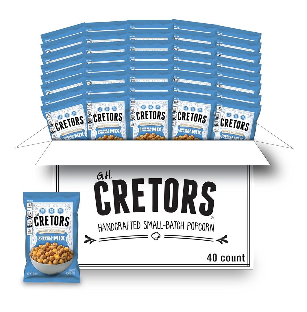 G.H. Cretors Cheese & Caramel Popcorn Mix (1 oz Bags 40 Pack) Handcrafted Small Batch Popcorn, Gluten Free, Kosher, No Artificial Preservatives, Convenient Individual Bags (EXP 05/20/27)