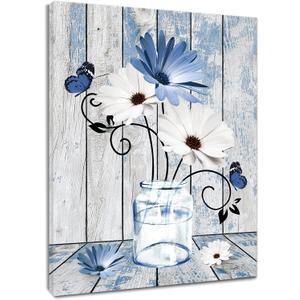 LB Blue Floral Wall Art for Bathroom Spring Daisy Flower on Retro Wood Gray Framed Canvas Wall Art Wall Paintings Butterfly Wall Pictures for Living Room Bedroom Office Ready To Hang, 12x16 Inch